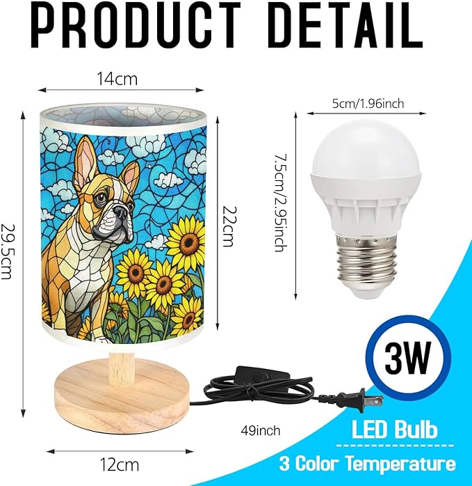 French Bulldog Table Lamp LED 3-Color Pressed Bedside, Dog Shade Lamp with Wood Base for Bedroom Living Room Desk Office - Bloomnest