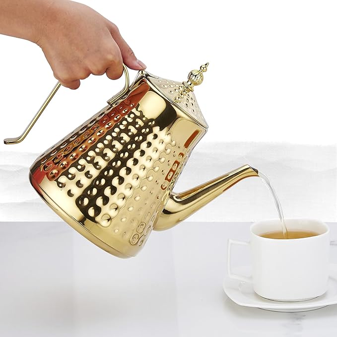 SANQIAHOME 1.6L(54oz) Stainless Steel Hammer Patterned Teapot With Removeable Infuser,Loose leaf cover,Gold - Bloomnest