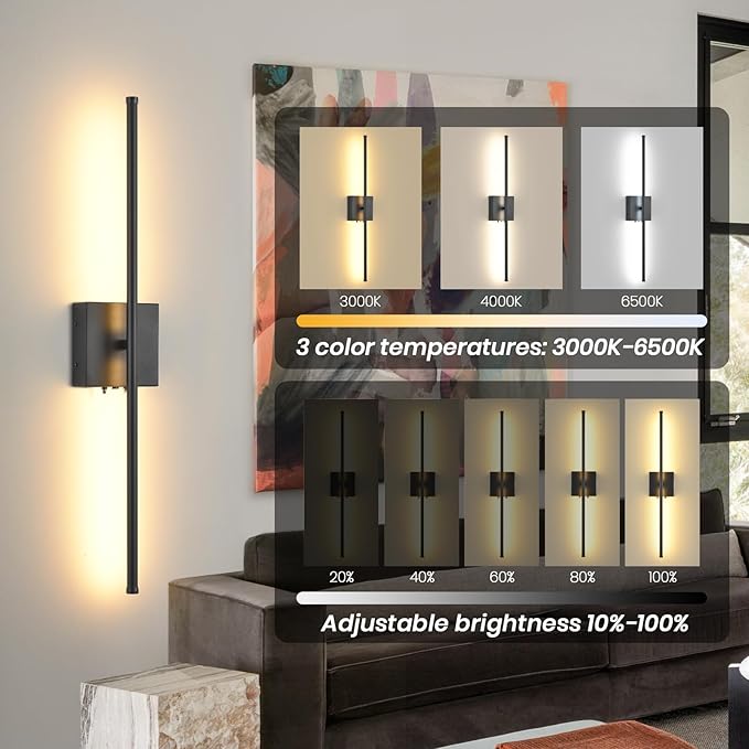 Battery Operated Wall Sconces with Remote Control, 11000mAh LED Wireless Rechargeable Black Wall Lights, 350°Rotate Dimmable Wall Lamp, 3 Color Temperatures, for Bedroom, Living Room, Hallway, 2 PCS - Bloomnest