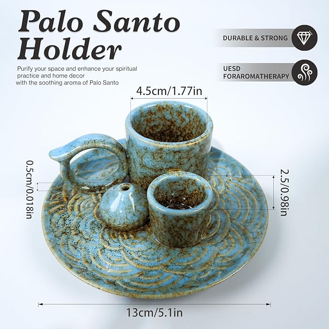 5-in-1 Ceramic Palo Santo Burner Holder Blue -Small Candle Holder & Smudge Burning Tray Bowl,Fits Incense Sticks/Cones, Sage.Zen Altar for Meditation Room, Aromatic Scents, Matches Compatible - Bloomnest