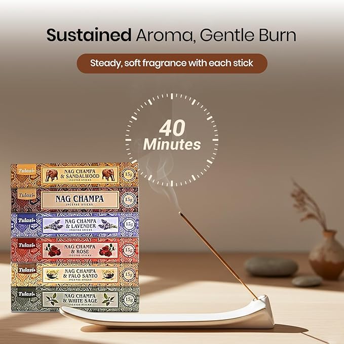 Tulasi Nag Champa Incense Sticks Gift Pack of 6, Hand Rolled Fragrance Incense Sticks for Aromatherapy, Relaxing, Yoga, Meditation, Prayer, Agarbatti Stick with Natural Oils, (15gm x 6) Tulasi