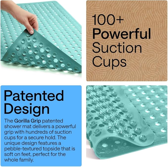 GORILLA GRIP Patented Square Shower Stall Mat, Small Bathtub Floor Mats for Stand Up Showers, Suction Cups and Drain Holes, Machine Wash, Soft on Feet, Bathroom Accessories 21x21 Inch Turquoise Opaque - Bloomnest