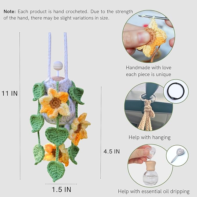 Handmade Crochet Hanging Car Air Freshener - Sunny Sunflower Design, 12ml Refillable Thick Glass Bottle, Car Diffuser for Rearview Mirror, Home & Office Cheerful Decor - Bloomnest