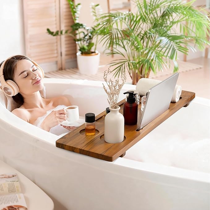 Teak Bathtub Tray - Wood Bath Caddy Tray 29" for Small Tubs - Adjustable Bathtub Table Trays - Luxury Shower Organizer for Home Spa Relaxation and Reading - Light Walnut Color - Bloomnest