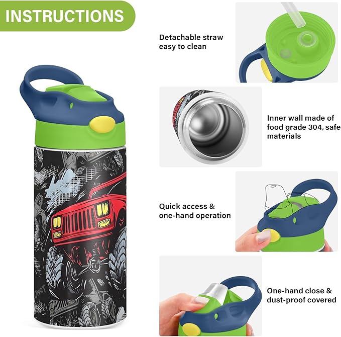 Monster Truck Red Kids Water Bottle with Straw Lid Insulated Tumbler with Handle Stainless Steel Reusable Toddlers Cup for Kids Boys 12 oz - Bloomnest