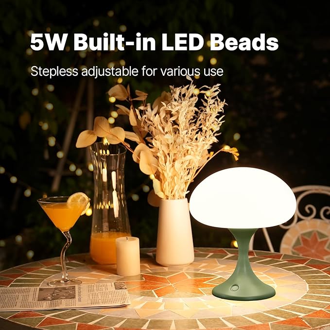 Mushroom Lamp, 5W LED Cordless Rechargeable Table Lamp with Glass Shade, Small Retro Dimmable Touch Light with 3 Color Temps, Aesthetic Mid Century Bedside Light for Bedroom Ambient, Green - Bloomnest