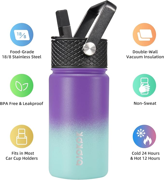 BJPKPK Water Bottle with Straw Lid, 15 oz Insulated Water Bottle, Stainless Steel Metal Water Bottles, Reusable Leak Proof BPA Free Thermo, Flask, Cups, Lavender - Bloomnest