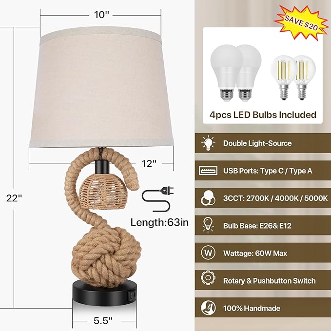 22" Rope Lamps for Night Stands, Dual-Lights Bedside Lamps Set of 2, Boho Table Lamps for Living Room, 3-Color Temperatures Boho Lamp with Rotary Switch, Rattan Lamp with USB Ports, 4 Bulbs Included - Bloomnest