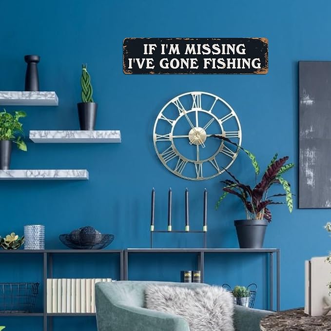 Funny Gone Fishing Sign - Vintage Metal Tin Wall Art Decor for Home - If I'm Missing I've Gone Fishing - Fisherman Picture Gifts 4x16 Inch - Bloomnest