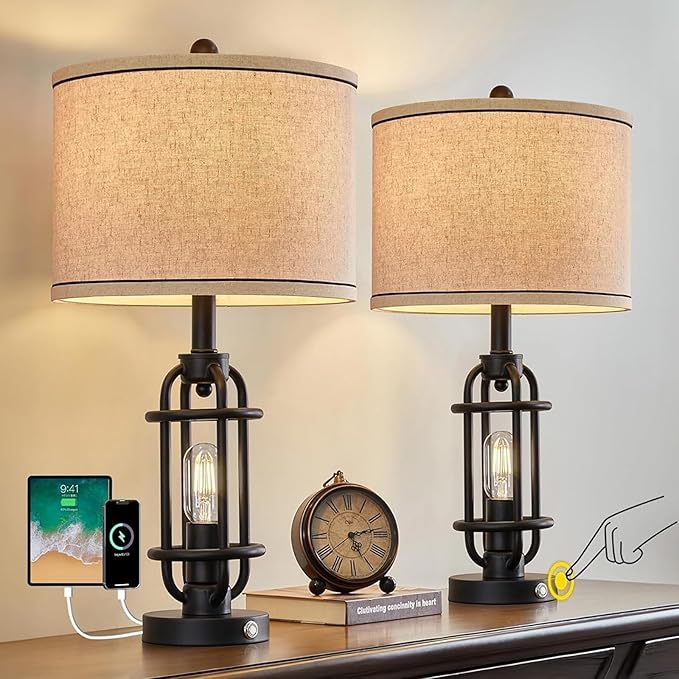 23.75'' Industrial Black Metal Table Lamps Living Room Lamp for Nightstand Bedroom lamps Set of 2 Bedside End Side Table Lamps Home Decor Touch Lamp Modern Lamps With USB Port, Bulbs Included - Bloomnest