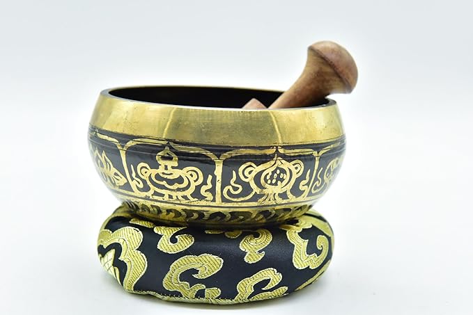 4" Exquisite Tibetan Singing Bowl Set for Meditation ~ Auspicious Eight Lucky Symbols, Buddha Eye - Bloomnest