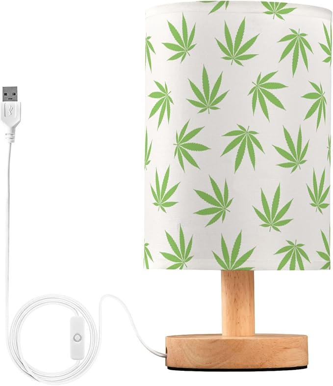 Table Lamp Green Marijuana Leaf Cannabis Weed Leaves on White Nightstand Lamp with Wood Base Fabric Lamp Shade Bedside Desk Lamp for Living Room Bedroom Kids Room Office - Bloomnest
