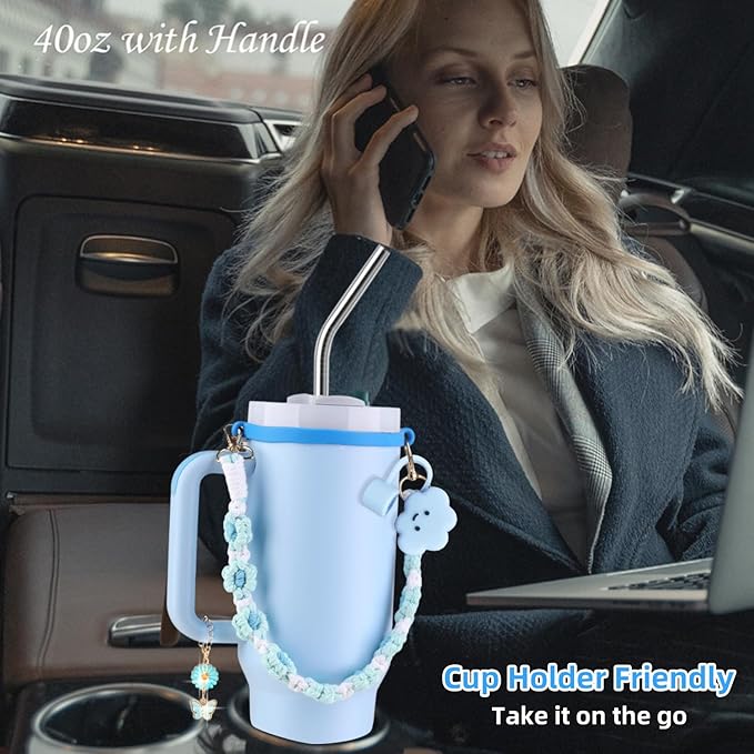40 oz Tumbler Insulated Mug w/Straw & Flip Cap Lids - Cup Holder Bottle with 6 Accessories Set for Hot, Cold Drink - Leak-Proof - Water, Coffee Portable Travel Mug (Sky Blue) - Bloomnest
