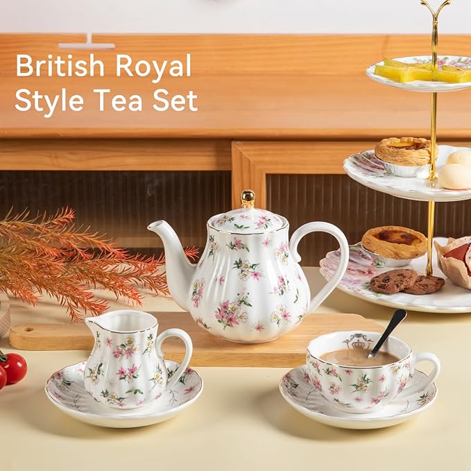 Porcelain Tea Sets British Royal Series, 8 OZ Cups & Saucer Service for 6, with Teapot Sugar Bowl Cream Pitcher Teaspoons and Tea Strainer, Suitable for High Tea, Wedding, Party（Spring Flowers） - Bloomnest