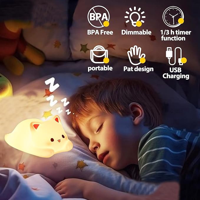 Tremdwoto Cat Night Light for Kids,Cute Colorful Night Light Baby Girl Squishy Night Lights Lamp 1/3 Hour Timer Kitty Light Dimmable Nursery Lamp Nightlight,Kids Room Decor，Gifts for Girls and Boys - Bloomnest