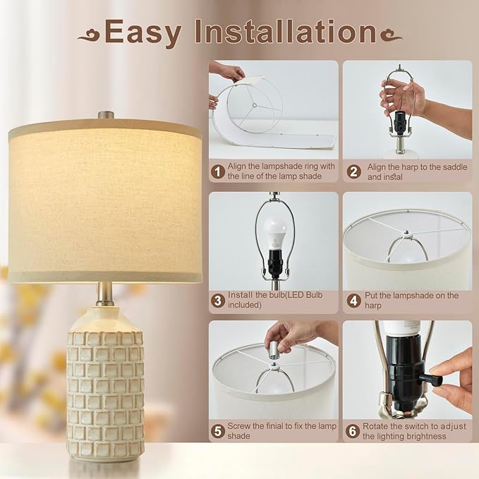 Luvkczc Vintage Farmhouse Table Lamp Set of 2, Grid Nightstand Lamp with Eye-Protecting Fabric Shade, 3-Color Temperature&2 Bulbs - Rustic Table Lamp Lamps for Living Room Bedroom Decor - Bloomnest