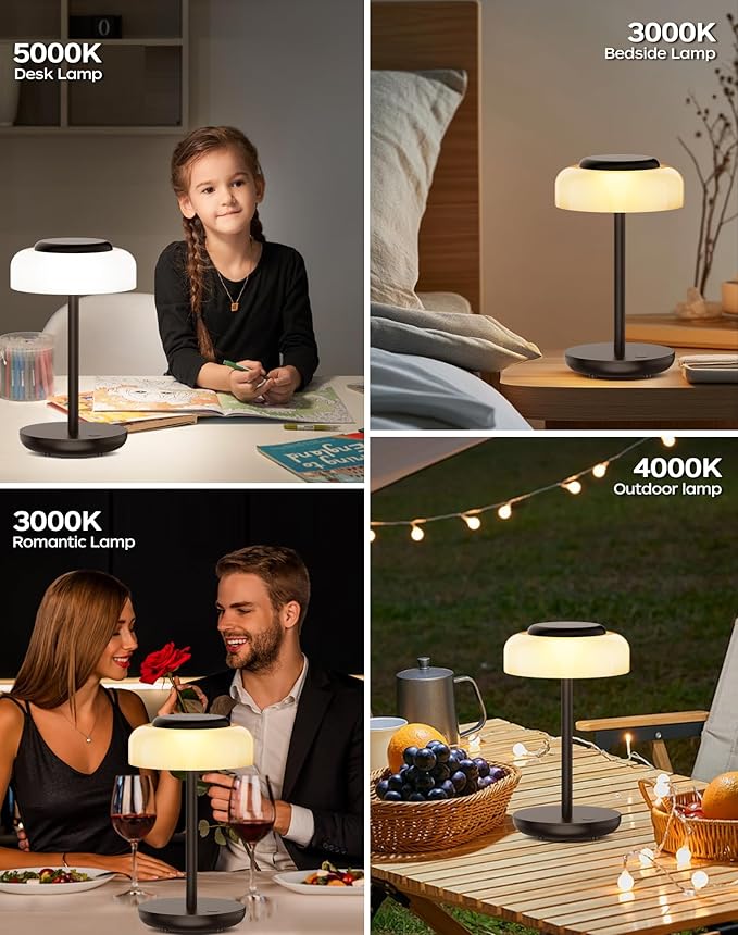 QiMH Battery Operated LED Table Lamp, 5000mAh Rechargeable Cordless Lamp Set of 2, Stepless Dimmable Touch Control, Small Waterproof Desk Night Light for Living Room, Bedroom, Outdoor Bar (Black) - Bloomnest