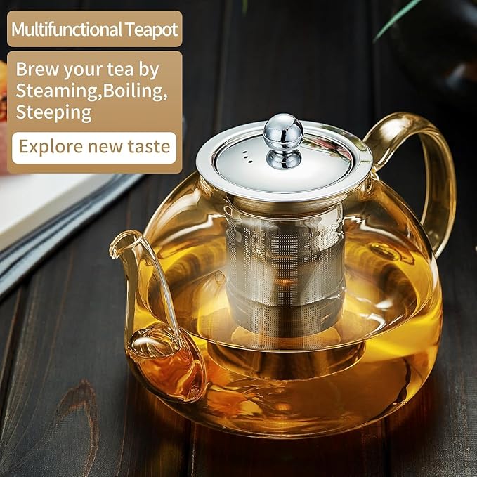 40OZ (1200ML) Glass Teapot with Infuser Stovetop Safe, Clear Glass Tea Pot Kettle, Borosilicate Tea Pot with Infusers Filter for Loose Tea, Tea Kettle Dishwasher Safe (Champagne) - Bloomnest