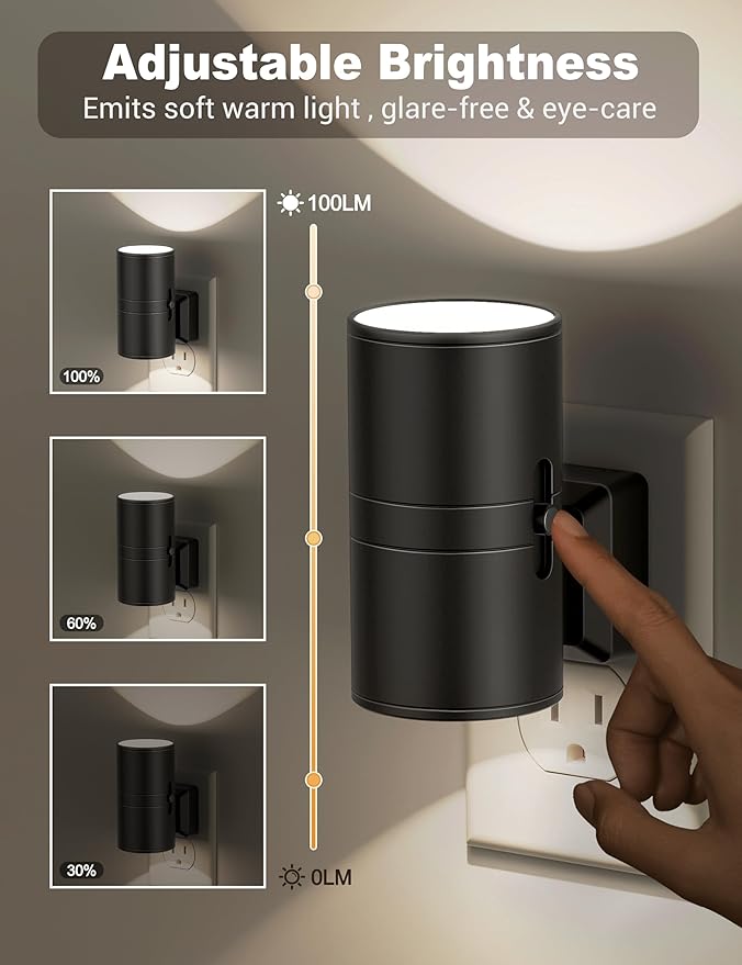 Night Lights Plug into Wall, Dimmable Night Light Plug in, Modern Night Lights with Dusk to Dawn Light Sensor, Soft White 5000K, 0-100LM Adjustable Brightness Nightlight for Hallway Bedroom, 2 Pack - Bloomnest