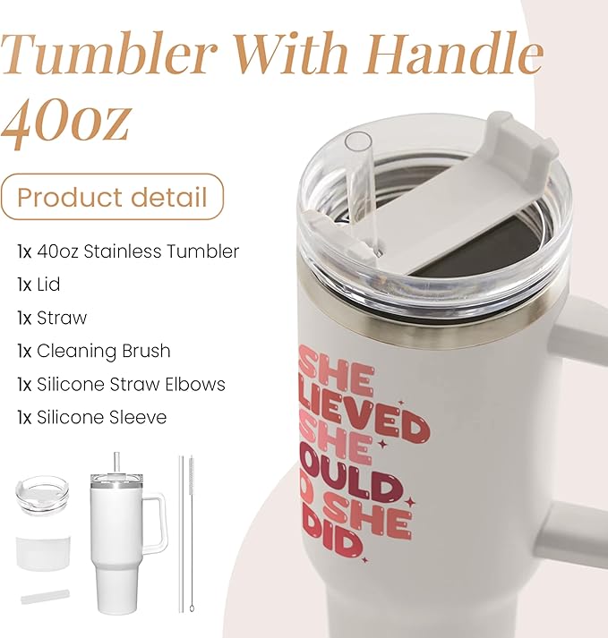 SANDJEST Graduation Gifts for Women She Believed She Could So She Did Tumbler 40oz Stainless Steel Insulated with Handle and Straw, New Job, Going Away, Inspirational Gifts for Her - Bloomnest