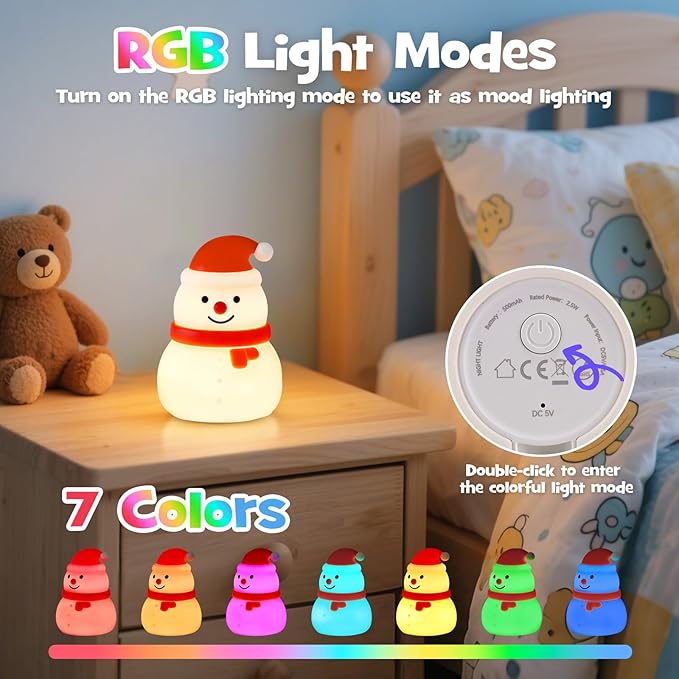 Squishy Christmas Snowman Night Light with RGB Modes Dimmable Nursery Breastfeeding Nightlight Hangable Cute Christmas Lamp Novelty Rechargeable Silicone Touch Bedside Lamp for Bedroom Dorm Decor - Bloomnest