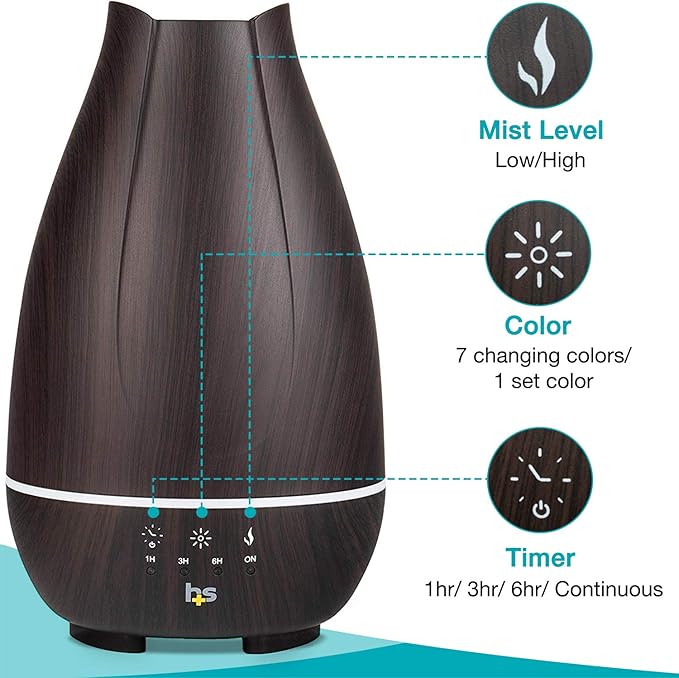 HealthSmart Essential Oil Diffuser, Cool Mist Humidifier and Aromatherapy Diffuser with 500ML Tank Ideal for Large Rooms, Adjustable Timer, Mist Mode and 7 LED Light Colors, Brown - Bloomnest