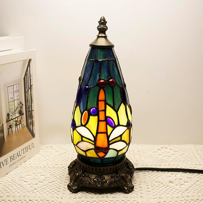 Small Tiffany Lamp Stained Glass Table Lamp 5.5X11 Inch Christmas Tree Lighthouse Mini Accent Memory Sympathy Antique Night Light for Bedroom Living Room (Blue Yellow)