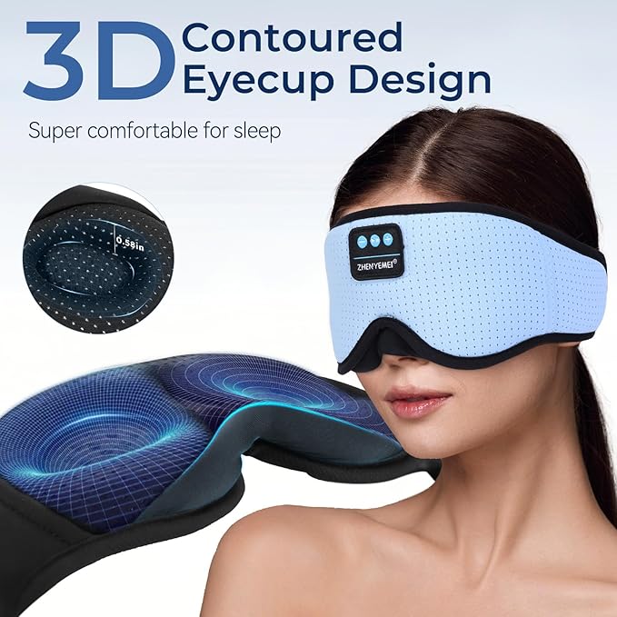 3D Sleep Mask with Bluetooth Headphones, Breathable Cotton Sleeping Headphones for Side Sleepers, Wireless Music Eye Mask with Timer, Gifts for Men Women, Blue - Bloomnest