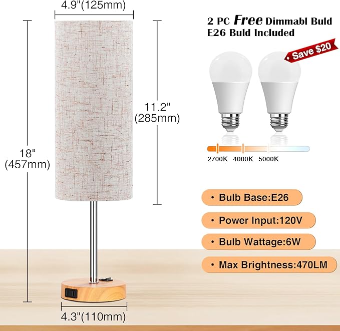 ZJOJO Table Lamp for Bedroom 2 Pack,18in Bedside Lamps with 3 Way Dimmable Rocker Switch & AC Outlet,Nightstand Desk Lamp with Flaxen Fabric Shade Woodgrain Base for Living Room Home Decor Lights - Bloomnest