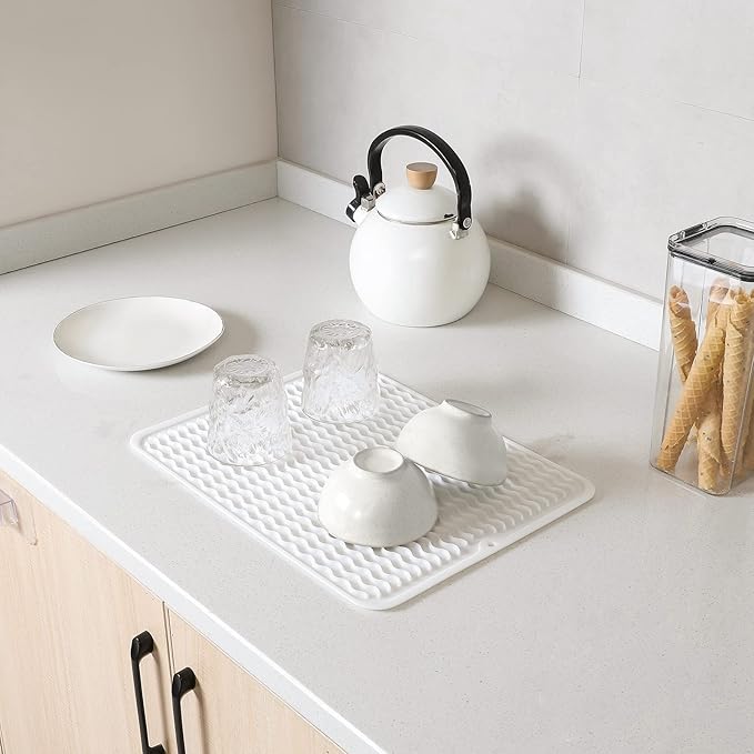 Silicone Dish Drying Mat for Multiple Usage,Easy clean,Eco-friendly,Heat-resistant Silicone Mat for Kitchen Counter or Sink,Refrigerator or drawer liner White L 16 inches x 12 inches - Bloomnest