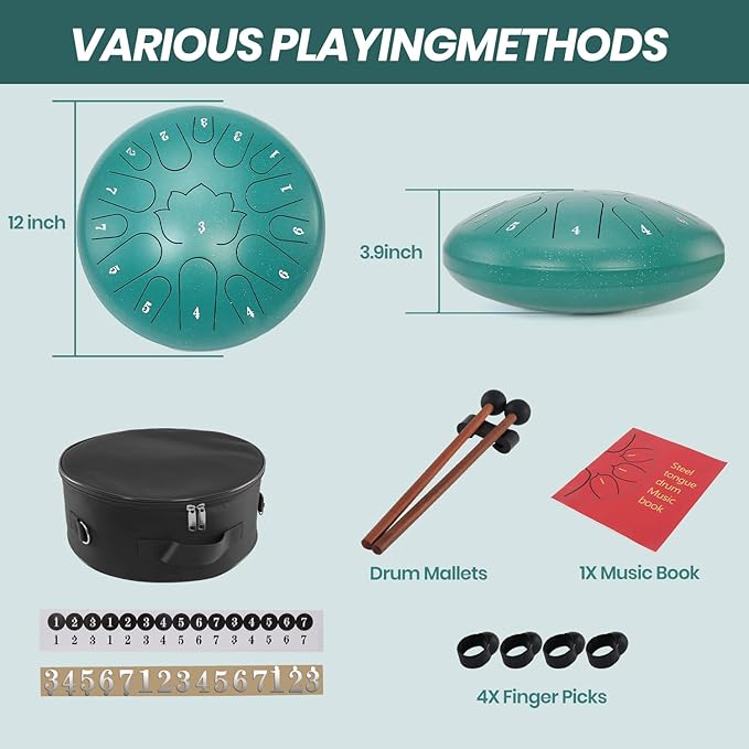 Steel Tongue Drum, 12 Inch 15 Notes Hand Pan Drum, Tongue Drums, with Music Book, Handpan Drum Mallet, and Carry Bag (Green, 12 Inch)