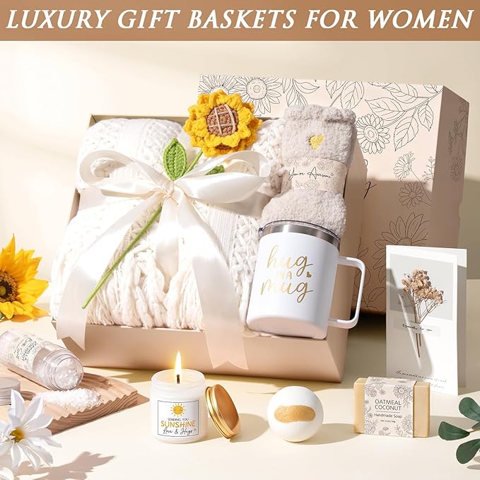 Birthday Gifts for Women Self Care Get Well Soon Gift Baskets, Spa Care Package Thinking of You Sunflower Gifts, Sending Sunshine Box Unique Valentine's Day Gift for Women Wife Her Girlfriend Mom Sis - Bloomnest