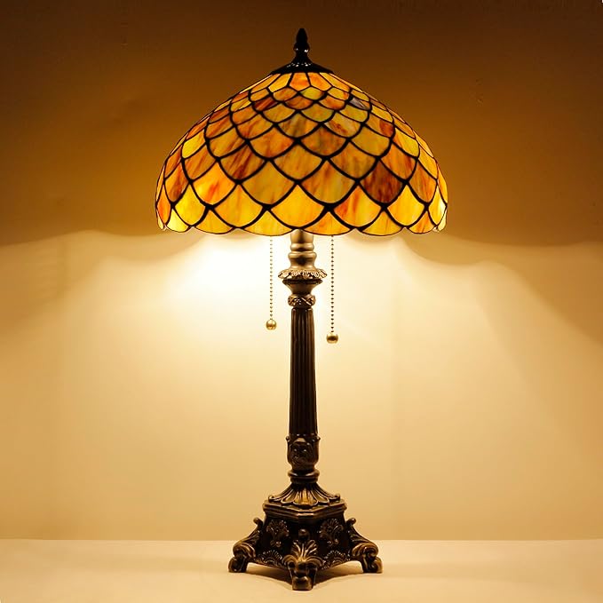 Tiffany Lamp Fish Scales Style Stained Glass Table Lamp Desk Reading Light 12X12X21 Inches with Resin Base Decor Bedroom Living Room - Bloomnest