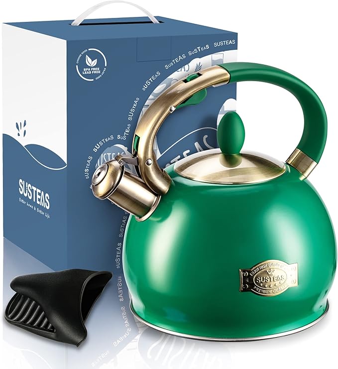 SUSTEAS Stove Top Whistling Tea Kettle - Food Grade Stainless Steel Teakettle Teapot with Cool Touch Ergonomic Handle, With 1 Silicone Pinch Mitt Included, 2.64 Quart (Green) - Bloomnest