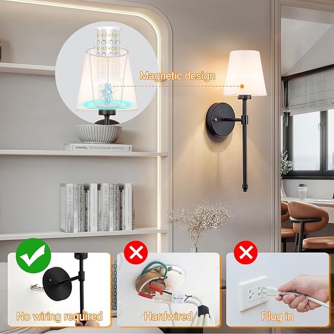 Battery Operated Wall Sconces Set Of 2, Wireless Battery Wall Light With 10000mAh RGB Rechargeable Magnetic Bulb, Rechargeable Wall Sconce With Remote Control For Bedroom, No Electrician Required - Bloomnest