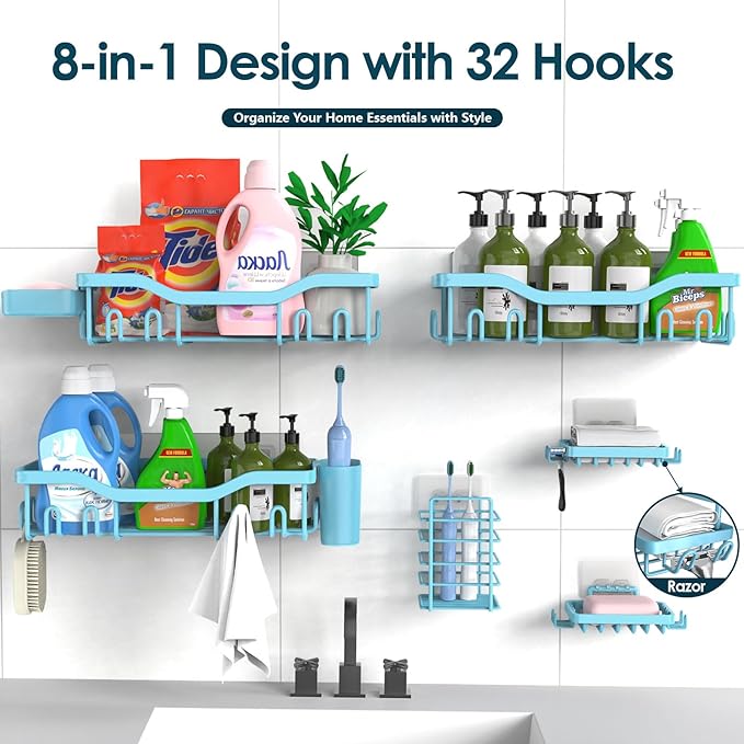 Shower Caddy Adhesive Shower Organizer 8-Pack, Rustproof Stainless Steel Bathroom Shelves, Large Capacity No-Drill Rack Storage Accessories with Soap Dish Toothbrush Holder Hooks - Bloomnest