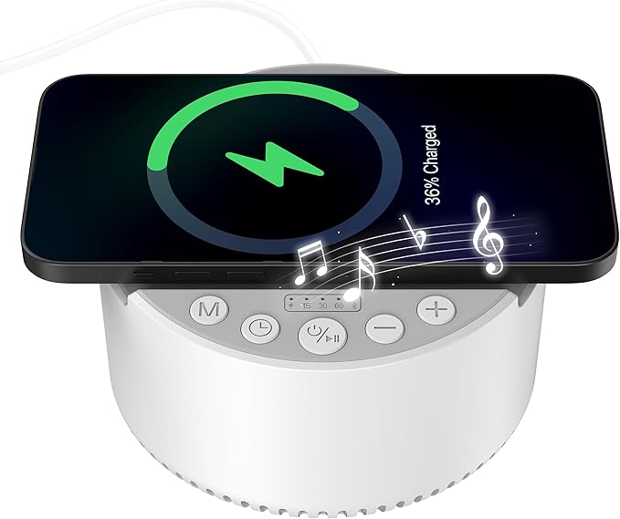 Sound Machine with Wireless Charger&Bluetooth Speaker White Noise Machine with Memory Function,6 Soothing Sounds,3 Timers Modes for Baby Kids Adult & Home Office Travel - Bloomnest