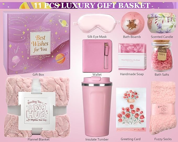 Birthday Gifts for Women Self Care Gifts Get Well Soon Gifts Basket, Gift Baskets for Women Care Package Relaxing Spa Gifts Thinking of You Gifts Her Fantasy Box for Mom Her Friend Sister Wife (Pink)