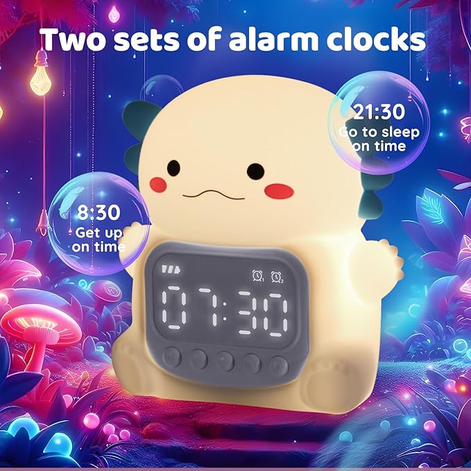Axolotl Alarm Clock with Night Light for Kids, Rechargeable Silicone Lamp Time to Wake Clock Cute Animal Tabletop Lamp, Perfect Sleep Companion for Boys Girls, White - Bloomnest