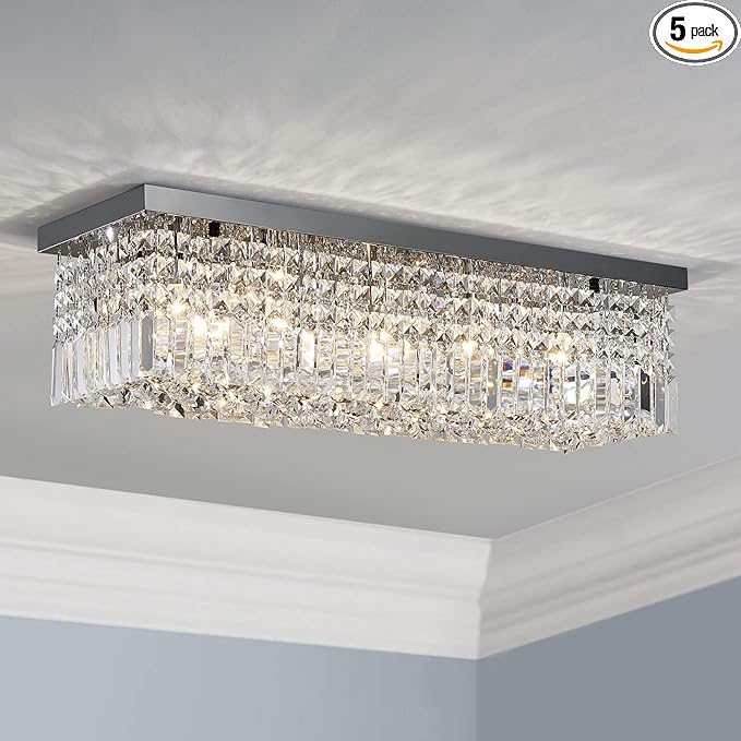 Saint Mossi 22010 5-Lights Modern K9 Crystal Chandelier, Island Design, Flush Mount Ceiling Light, H9 x W10 x L31, Clear Crystal & Pearl Black Finish - Bloomnest