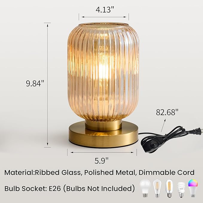 Mid Century Modern Table Lamp: Vintage Amber Ribbed Glass Globe Dimmable Plug in Small Bedside Lamps - Cute Brass Gold Side Table Lamp Nightstand Light for Bedroom Entryway Office Desk Living Room - Bloomnest
