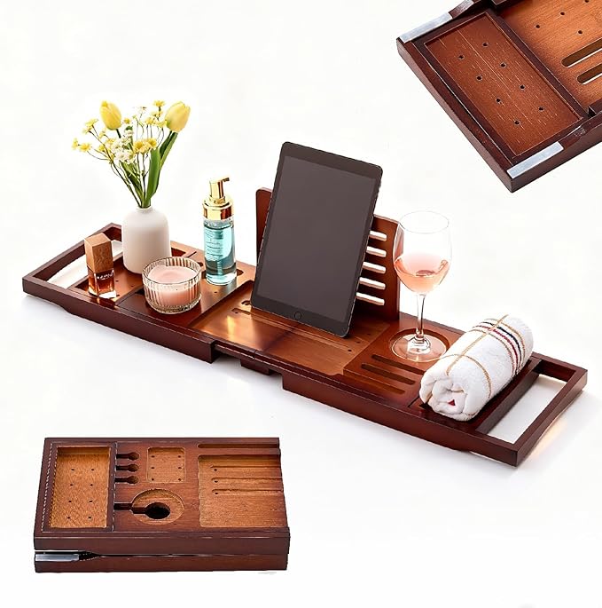 Premium Foldable Bamboo Bathtub Tray Caddy, Expandable Bath Caddy Tray with Holder, Brown Bath Shelf Over Tub, Spa Bathroom Accessories & Gifts for Home - Bloomnest