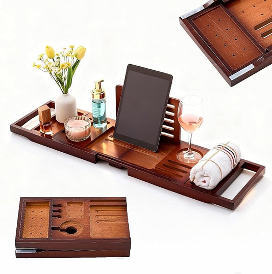 Premium Foldable Bamboo Bathtub Tray Caddy, Expandable Bath Caddy Tray with Holder, Brown Bath Shelf Over Tub, Spa Bathroom Accessories & Gifts for Home - Bloomnest