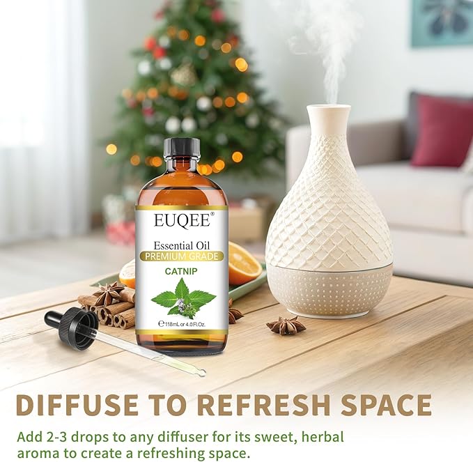 EUQEE 118ML Catnip Essential Oil, Pure & Fresh Herbal Aroma Catnip Essential Oil with Glass Dropper Great for Air Refresher, Massage, Diffuser, DIY Soap, Candle Making, Aromatherapy, Sleep EUQEE