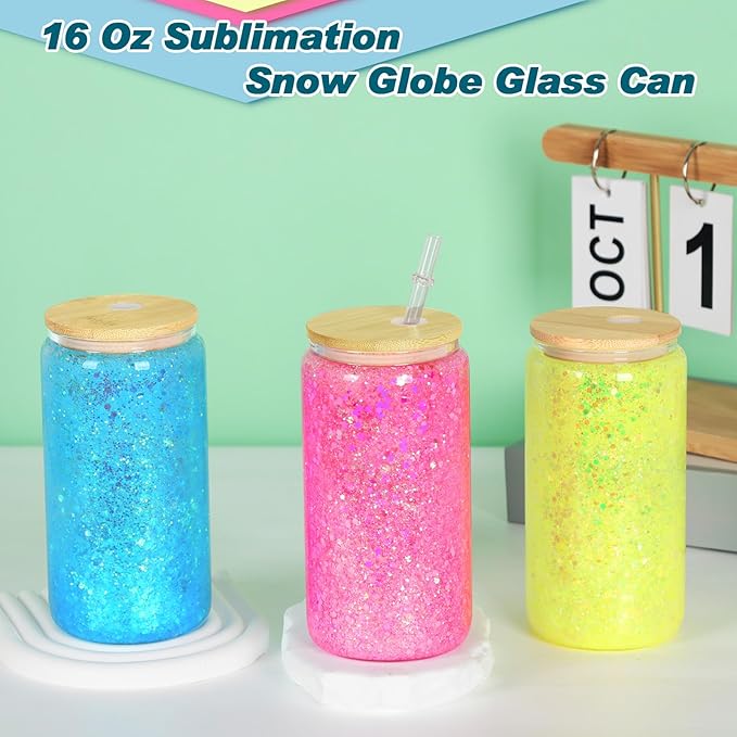 4 Pack 16 Oz Sublimation Snow Globe Tumbler, Snow Globe Cups with Pre Drilled Hole, Double Wall Beer Can Glass Mason Jar Mug with Bamboo Lids and Straws for Snowglobe DIY - Bloomnest