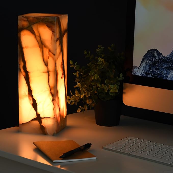 UMAID Handcrafted Onyx Marble Table Lamp, Each Lamp One-of-a-Kind with Natural Patterns, Warm Amber Glow, Dimmable Cord & Bulb, Modern Home Decor for Bedroom, Desk, Office, Living Room, or Bedside
