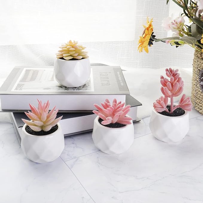 Tiita Artificial Faux Succulents in Pots, Pink Fake Plants Ceramic Arrangement Planter for Women Desk Small Mini Tiny Decoration for Home Office Desk Window 4 Set, Pink - Bloomnest
