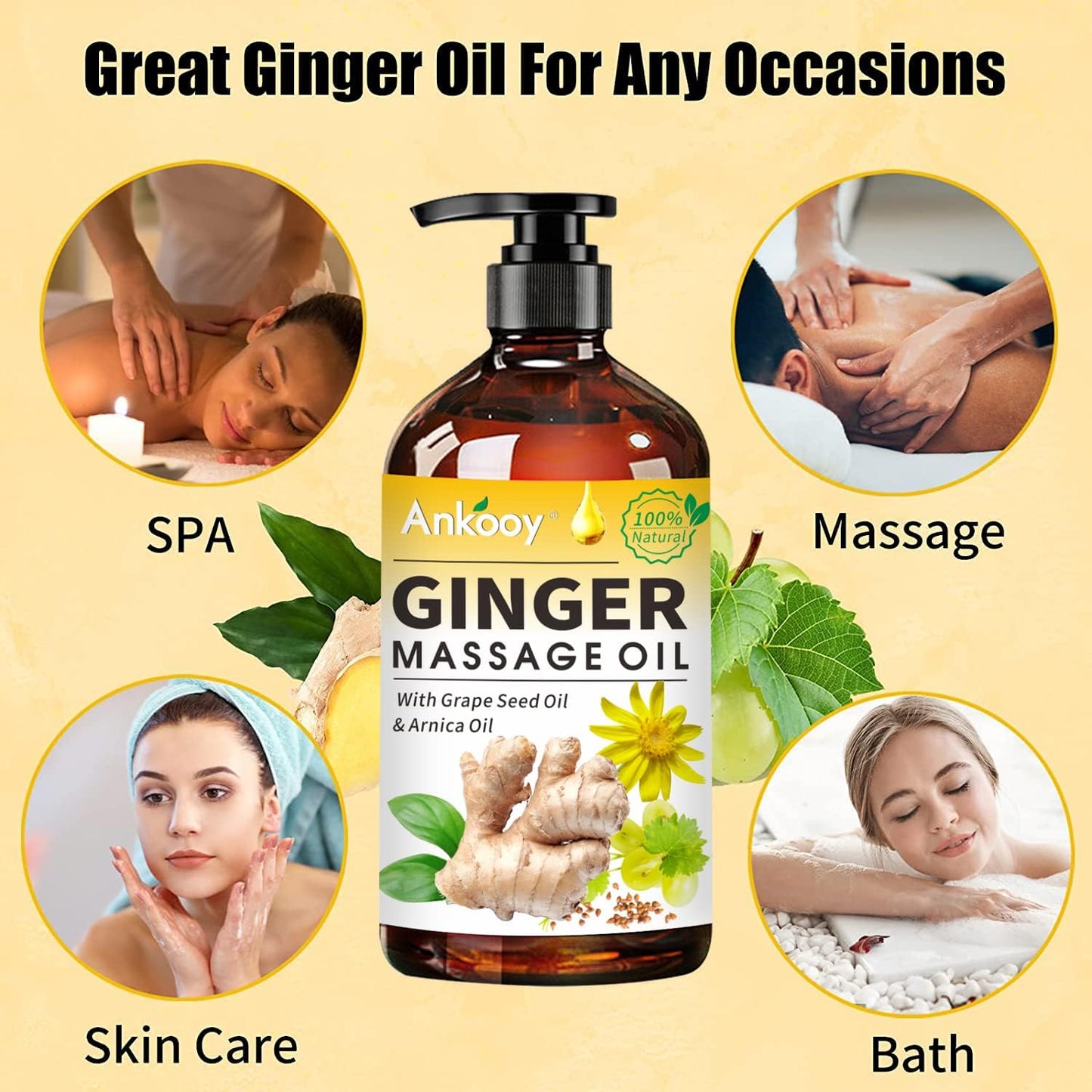 3 Pack Ginger Massage Oil with Arnica Oil,Vitamin E Oil and Grape Seed Oil,Ginger Oil for Lymphatic Drainage,100% Natural Ginger Essential Oil for Warming and Relaxing