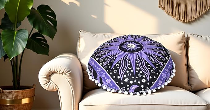 CRAFT KALA Large Round Bohemian Floor Pillow Pouf Cover Mandala Meditation Room Pillow Cover for Adults Boho Seating Poufs Cushion Cover for Kids Playroom 32" Round Purple Burning Sun - Bloomnest