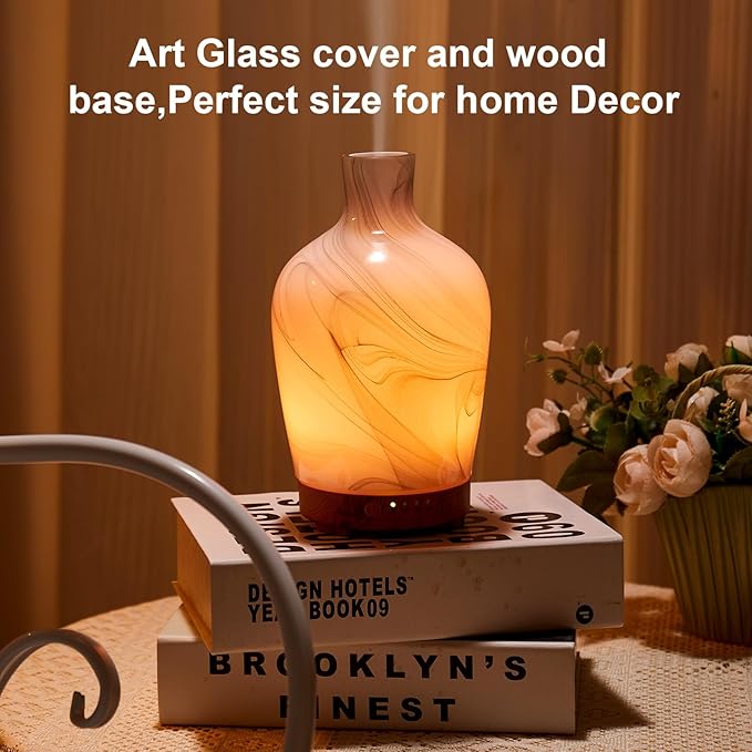 Classical Vase Art Glass Aromatherapy Diffuser 160ml ultrasonic Cool Mist Scent Aroma Essential Oil Diffu er Humidifier with Intermittent Mist & LED 7 Colorful Changing Night Light for Bedroom - Bloomnest